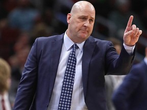 Chicago Bulls head coach Jim Boylen calls for one shot near the end of the game against the Cleveland Cavaliers at the United Center on March 10, 2020 in Chicago, Ill.