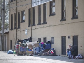 Homeless people create makeshift shelters in downtown Windsor, Wednesday, May 7, 2020.