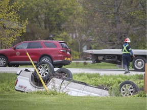 Emergency crews were on the scene of a two-vehicle collision that caused a pickup truck to roll into a ditch and land on its roof at the intersection of North Talbot Road and Ellis Side Road, Tuesday, May 5, 2020.  No serious injuries were reported.