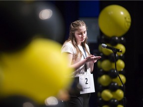 Giovanna Patcas is shown on Feb. 23, 2019, competing in that year's WFCU Scripps Regional Spelling Bee at the Chrysler Theatre in Windsor.