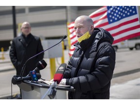 U.S. Consul General, Greg Stanford, speaks during a press event at the Windsor-Detroit Tunnel highlighting the Take a Break on US campaign,Tuesday, May 12, 2020.  The campaign is distributing gift cards to Canadian health care workers who cross into Detroit.