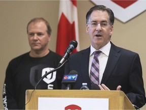 MP Brian Masse, right, and Unifor Local 200 president John D'Agnolo are shown during a press conference on Thursday, May 7, 2020, in Windsor, regarding government funding for unemployed workers during the pandemic.