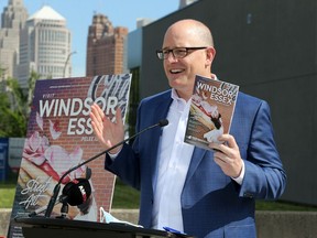 Windsor, Ontario. June 9, 2020.  Windsor Mayor Drew Dilkens speaks at the podium during Tourism Windsor Essex Pelee Island press conference where the 2020/2021 Official Visitor Guide was released. The guide will be distributed across Ontario to promote staycations and road trips to our region. The 92 page guide features itineraries, superb photography, and stakeholder listings that helped curate authentic content that will inspire travel when it's safe to visit in the future. See story.