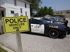 Leamington OPP cruisers are parked at the headquarters on Clark Street West Wednesday.