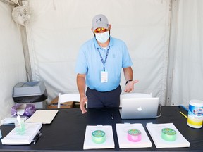 The check-in area of a mobile testing unit is seen prior to the Charles Schwab Challenge on June 09, 2020 in Fort Worth, Texas. The PGA Tour has partnered with Sanford Health to provide on-site COVID-19 testing for players, caddies and essential personnel at it's tournaments.