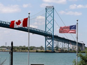 The international border crossing at the Ambassador Bridge is shown on June 16, 2020. Tuesday. The border between Canada and the U.S. will remain closed to non-essential traffic for another month, it was announced Friday, Aug. 14, 2020.