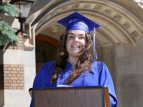 Walkerville Collegiate Institute valedictorian Reese Groulx videotapes her speech in front of the school on Richmond Street Wednesday. Teachers at the school are preparing a 30-minute production to be posted on YouTube on June 25. Groulx spoke about how her graduating class of 2020 will bring pieces of Walkerville wherever they go. She added the grads "will be more than ready for what comes next." She told the Class of 2020 to "stay strong, stay loud and keep moving."