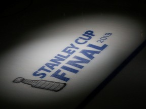 FILE PHOTO: May 29, 2019; Boston, MA, USA; A general view of the Stanley Cup logo before a game between the Boston Bruins and the St. Louis Blues in game two of the 2019 Stanley Cup Final at TD Garden. Mandatory Credit: Greg M. Cooper-USA TODAY Sports/File Photo ORG XMIT: FW1