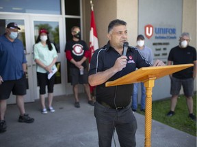 Unifor Local 195 president Emile Nabbout speaks about issues surrounding the Employment Insurance system in the wake of COVID-19 on Friday, June 12, 2020, outside Unifor offices on Somme Avenue in Windsor.