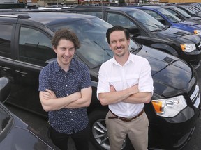 Brett Hayes, left, and Jesse Thompson co-founders of the Fetch Moto digital car sales platform are shown at the Motor City Chrysler dealership in Windsor, ON. on Wednesday, June 10, 2020.