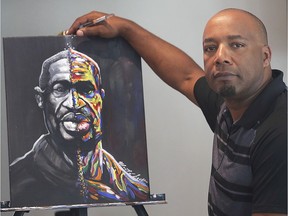 "It's an everybody thing." Artist Monte Scott is shown on Friday, June, 12, 2020, at his Windsor home with his painting entitled "The World United."