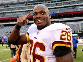 Adrian Peterson of the Washington Redskins walsk off the field after the 20-13 win over the New York Giants on Oct. 28, 2018 at MetLife Stadium in East Rutherford, N.J.