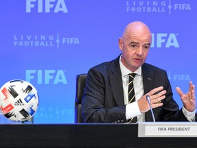 FIFA President Gianni Infantino speaks during a press conference at the Home of FIFA on June 25, 2020 in Zurich, Switzerland.
