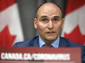 President of the Treasury Board Jean-Yves Duclos speaks during a news conference on the COVID-19 pandemic on Parliament Hill in Ottawa, on Monday, June 22, 2020.