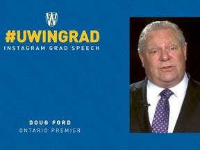 A screen grab of Ontario Premier Doug Ford's speech to graduates of the University of Windsor's Spring 2020 Convocation ceremony.