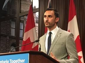 Ontario Education Minister Stephen Lecce speaks to media at Queen's Park on Thursday, March 12, 2020