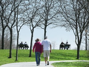 People were out and about on a sunny spring day in Windsor on April 30, 2018, including the Ganatchio Trail shown here.