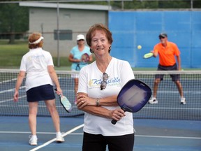 Irene Myers, chairperson of the Kingsville Pickleball Inc. fundraising committee, plays pickleball with friends on courts in Harrow Sunday. After negotiations between Kingsville Pickleball Inc and the town of Kingsville, an agreement has been finalized to construct an eight court pickleball facility at  Kingsville Recreation Complex.