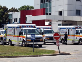 Shown here on July 2, 2020, are Essex-Windsor EMS ambulances at Leamington's Erie Shores HealthCare.