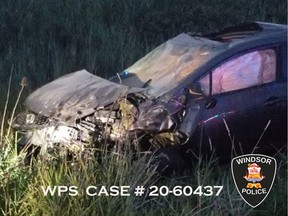 A Honda Civic that rolled multiple times on E.C. Row Expressway after its driver who was allegedly impaired by drugs lost control of the vehicle is seen in this photo taken by Windsor police on Monday, July 6, 2020.