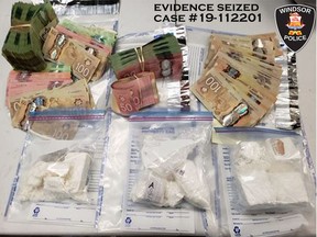 Investigators with the Windsor Police Service seized approximately 1,180 grams of cocaine and just over $99,000 in cash, all pictured here, during search warrant executions on July 9, 2020.