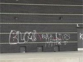 The words "Black Lives Matter" and "BLM" are seen spray-painted on Riverfront Festival Plaza in Windsor in this photo from Windsor police distributed Monday, July 27, 2020.