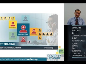 Medical officer of health Dr. Wajid Ahmed explains case and contact management during the Windsor-Essex County Health Unit's daily COVID-19 online news conference on Tuesday, July 28, 2020.