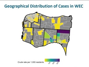 This map created by the Windsor-Essex County Health Unit shows the distribution of COVID-19 cases across Windsor and Essex County as of Friday, July 31, 2020.
