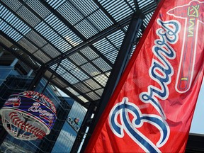 The logo of the Major League Baseball team Atlanta Braves is seen near Truist Park in Atlanta, Ga, U.S. June 20, 2020.