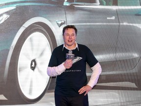 Tesla CEO Elon Musk speaks during the Tesla China-made Model 3 Delivery Ceremony in Shanghai January 7, 2020.