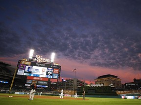 A view of the sky in the outfield during the third inning in the game between the Detroit Tigers and the Baltimore Orioles at Comerica Park.