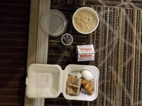 An image taken by a worker in a Leamington hotel shows the meals being served to quarantined migrant workers.