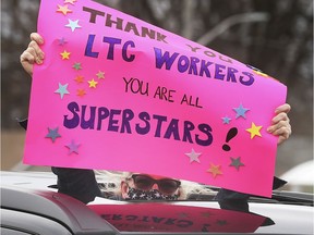 Long-term care workers were among those being thanked during a large parade of motorists cruising by Hotel-Dieu Grace Healthcare on April 25, 2020, to thank frontline workers.