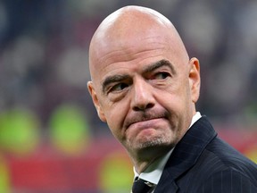 FIFA President Gianni Infantino looks on during the 2019 FIFA Club World Cup Final match between England's Liverpool and Brazil's Flamengo at the Khalifa International Stadium in the Qatari capital Doha, Dec. 21, 2019.