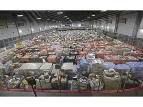 A portion of the food collected during the June 27th Miracle event is shown at the WFCU Centre on Tuesday, July 7, 2020.