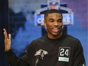 file photo, Ohio State defensive back Jeff Okudah speaks during a news conference at the NFL football scouting combine in Indianapolis. Okudah is a possible pick at the NFL Draft which runs Thursday, April 23, 2020, thru Saturday, April 25.