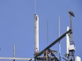 An Osprey sits perched on a telecommunications tower with three young Osprey seen below, in the Fraserville subdivision in Amherstburg, Friday, July 24, 2020.  Utility crews recently removed a nest belonging to a family of five that still remain in the tower.