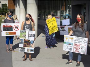 Animal activists protest outside City Hall, Monday, July 20, 2020, as they pursue bylaw changes to help protect pets locked in hot cars.