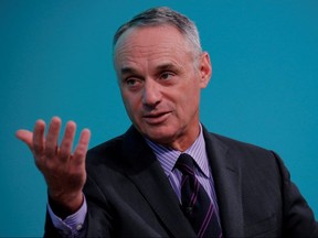Rob Manfred, commissioner of Major League Baseball, takes part in the Yahoo Finance All Markets Summit in New York, February 8, 2017.