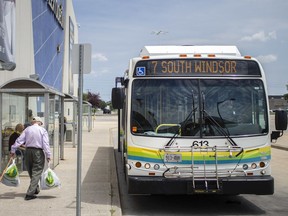 A Transit Windsor bus picks up passengers at the Devonshire Mall on July 15, 2020.