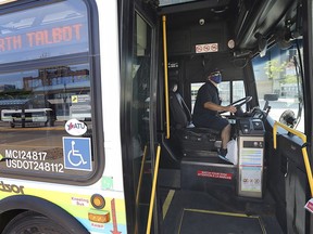 A Transit Windsor bus driver gets set to leave the downtown terminal on Thursday, July 9, 2020.