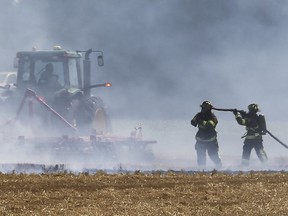 Tecumseh firefighters along with a quick thinking farmer quickly put out a massive wheat field fire on Talbot Road South at Holden Road on Wednesday, July 15, 2020. The fire occurred at approximately 11:00 a.m. Several fire units responded as well a call was made to Essex for mutual aid. As the flames spread a farmer provided a big hand by snuffing out the fire with a plough like instrument. No injuries were reported.