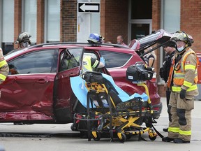 The eastbound lanes of Wyandotte St. E. were shut down for almost an hour on Tuesday, July 14, 2020, as emergency personnel dealt with a two-car collision. Three motorists were taken to hospital with minor injuries. Paramedics and firefighters work to remove a passenger from the rear of one of the vehicles.
