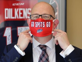 Windsor Mayor Drew Dilkens wearing a Windsor Spitfires face covering at City Hall Wednesday. Dilkens announced a mandatory indoor face mask bylaw on Wednesday.