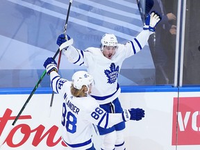 Auston Matthews of the Toronto Maple Leafs celebrates his game winning goal at 13:10 in overtime to defeat the Columbus Blue Jackets 4-3 in Game 4 on Friday.
