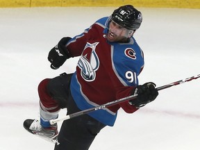 Nazem Kadri of the Colorado Avalanche celebrates after scoring a goal against the Arizona Coyote on Aug. 12, 2020 in Edmonton.