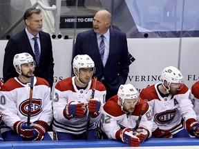 Head coach Claude Julien of the Montreal Canadiens looks on from the bench in the second period against the Philadelphia Flyers in Game One of the Eastern Conference First Round during the 2020 NHL Stanley Cup Playoffs at Scotiabank Arena on August 12, 2020 in Toronto.