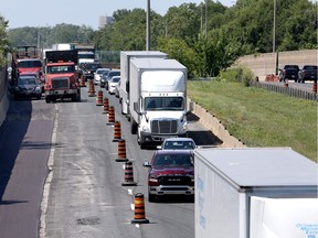 E.C. Row Expressway eastbound traffic squeezes into one lane near Dominion Avenue on Friday, Aug. 7, 2020.  Expect delays due to ongoing road work on the Windsor expressway.