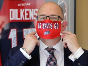 'Overall, this has been Dilkens' finest hour.' Windsor Mayor Drew Dilkens gets the message out while wearing a Windsor Spitfires face covering at city hall on Aug. 12, 2020.