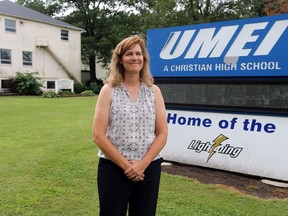 Principal Sonya Bedal at UMEI High School in Leamington is shown in front of the private facility on Aug. 26, 2020.